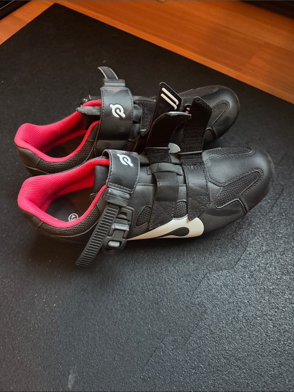 Mens Black and Peloton Red Cycling Shoes with Adjustable Straps